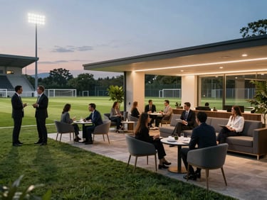 Bespoke outdoor corporate VIP lounge setup next to a football turf, professional networking under soft evening lights, high-end hospitality feel.