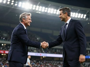 Two corporate team captains shaking hands on the pitch under stadium lights, representing professional-grade sportsmanship, high contrast.