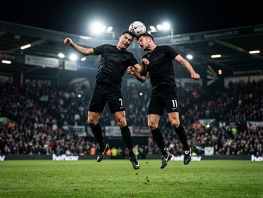 Low-angle action shot of corporate players in matching black kits contesting a header under intense evening stadium floodlights, sharp freeze-frame, 70-200mm lens.