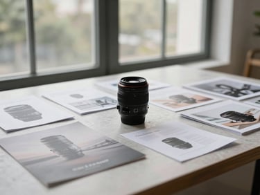 Wide in-situ photograph of finished brand photography deployed in context — a product displayed on a lifestyle surface with supporting printed collateral arranged beside it, daylight from a large window, depth of field drawing focus to the product