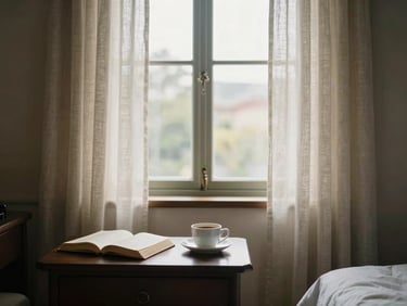 Wide environmental shot of a hotel room interior photographed in natural daylight — soft morning light through linen curtains, a carefully composed bedside table with a book and coffee cup in the foreground, the window view blurred softly behind, framed to show the space in full context without a person present