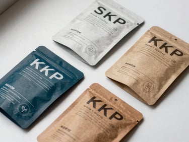 Tight detail shot of redesigned product packaging arranged on a white studio surface under controlled strobe lighting — four SKU variants showing consistent typographic system and color logic, photographed from a slight overhead angle to reveal label hierarchy