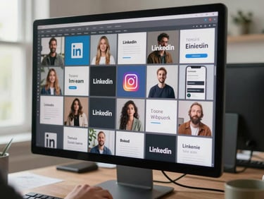 Wide environmental shot showing a large monitor displaying a grid of social media content templates — consistent typographic and photographic system visible across LinkedIn, Instagram, and email formats, studio environment with a designer reviewing the layout, natural daylight from a side window
