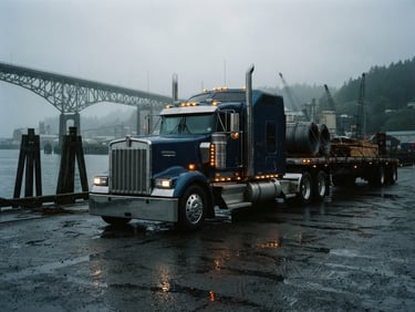Low-angle heroic shot of a clean, branded semi-truck parked in the misty early morning on a Coos Bay coastal dock, wet asphalt reflecting the amber marker lights.