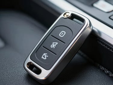 Close-up of a new car key being programmed, digital display, focused on the key's metallic details, high-contrast workshop lighting, 35mm