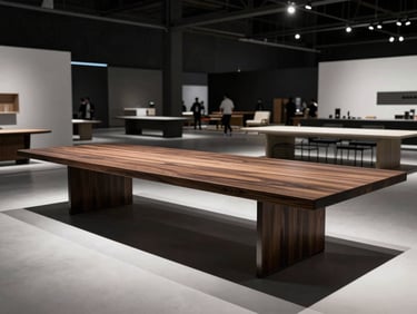 Vista aérea de una mesa de reunión rectangular de diseño minimalista con superficie de madera oscura y patas metálicas, en un stand ferial activo. Fotografía arquitectónica, alto contraste.