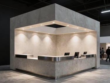 Detalle de un mostrador de recepción modular con acabado de hormigón pulido y acentos metálicos, en un entorno de feria con iluminación dramática. Fotografía arquitectónica, alto contraste.