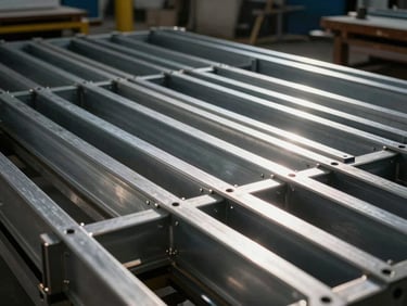 Close-up of industrial metal accents and structural grids being assembled in a clean workshop, dramatic lighting, focus on precision and craftsmanship.