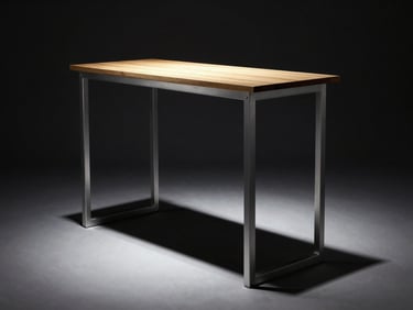 Primer plano de un taburete alto de diseño industrial con asiento de madera y estructura metálica, iluminación de exposición, líneas limpias. Fotografía arquitectónica, alto contraste.