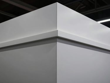 Close-up architectural detail of a seamless joint in a custom exhibition stand panel, high-quality matte finish, clean structural lines, dramatic lighting, industrial aesthetic.