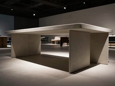 Stylish designer furniture piece, possibly a chair or table, set within a modern exhibition space, focus on texture and clean lines, dramatic lighting.