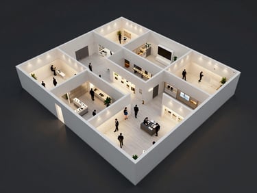 Wide-angle overhead view of a well-organized exhibition stand floor plan, showing clear visitor pathways and distinct zones for interaction, clean architectural lighting, minimalist design.