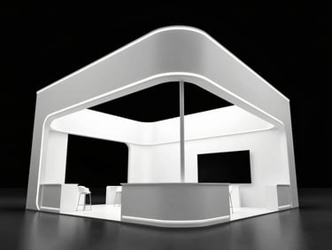 Architectural rendering of a custom trade fair stand, showcasing modern design elements and clean lines, high-contrast structural details, dramatic lighting.
