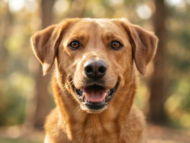 Close-up portrait of a happy brown dog looking directly into the camera, warm natural morning light, shallow depth of field, soft background