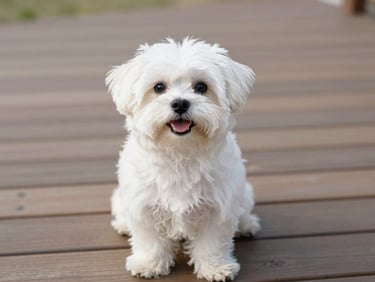 Authentic pet portrait of a small white fluffy maltese dog, sitting on a wooden deck, natural outdoor daylight, soft background