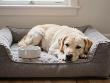 A cozy living room corner with a soft dog bed, a ceramic water bowl, and a dog happily resting its head, soft daylight