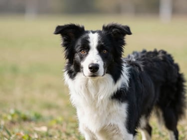 Authentic pet portrait of a black and white border collie with intense eyes, standing on a grassy park, bright natural daylight, shallow depth of field