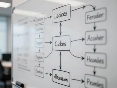 Macro close-up of a physical whiteboard covered in complex system architecture diagrams and multi-touch attribution paths, cool-toned office light.