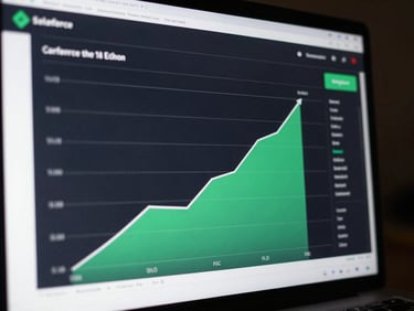 A crisp screenshot of a Salesforce dashboard showing a clean, upward-trending pipeline chart, high-contrast dark mode interface, green accents.