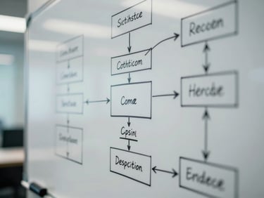 Macro close-up of a physical whiteboard covered in system architecture diagrams, cool-toned office lighting, sharp marker lines.