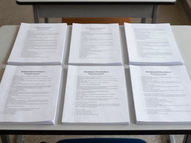 A straight-on medium shot of physical German textbooks and official mock exam papers neatly arranged on a clean classroom desk in Tilak Nagar