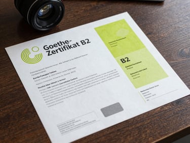 Flat-lay of official Goethe-Zertifikat B2 certificates on a dark wooden desk, clean daylight, sharp focus on the official stamp and candidate details.