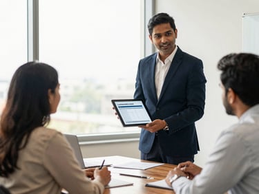 Professional financial advisor in a bright corporate boardroom in Mumbai, presenting structured loan profiles on a tablet to an Indian couple, natural daylight, warm editorial style