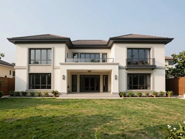 Bright daylight wide shot of a modern luxury villa in New Delhi, clean lines, manicured lawn, warm editorial style