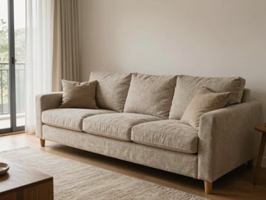 Wide-angle view of a complete living room scheme, warm daylight from left, linen sofa anchoring the composition, rug and side table visible, clear spatial flow, no people