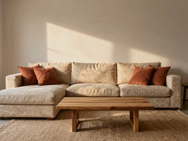 Wide establishing shot of a living room scheme called Chalk & Ember, left-bleed composition, a warm stone-coloured modular sofa with terracotta cushion accents, a low oak coffee table, a jute rug beneath, late afternoon light raking across the wall revealing texture in the plaster, full furniture arrangement visible with clear sightlines, lived-in detail without clutter