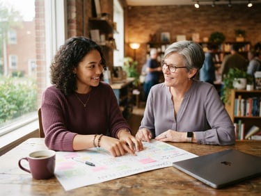 Candid, warm editorial photograph of a young adult and mentor collaborating over a project plan in a sunlit Indiana community space, natural daylight, rich plum and soft lavender tones, shallow depth of field