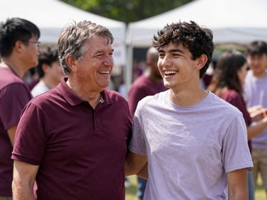 A mentor and a young adult laughing during an outdoor community event in Indiana, candid and warm.