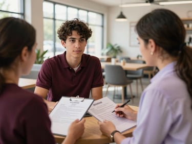 A mentor reviewing a resume with a young adult in a bright, modern Indiana community space, warm natural light.