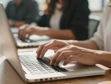 Close-up of hands typing on a laptop during a career preparation workshop, warm natural sunlight, shallow depth of field.