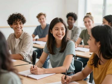 A group of diverse adult learners smiling and talking in a bright, modern classroom environment, natural daylight.