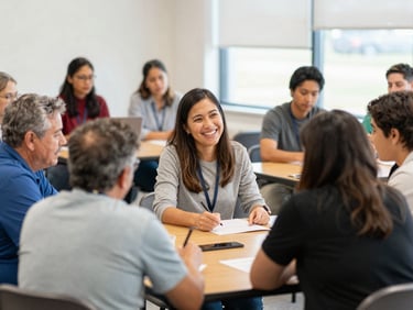A bright, natural daylight photo of an Indiana-based career workshop, with a diverse group of adults sitting around a wooden table engaged in collaborative learning, shallow depth of field, 35mm style.