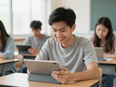 Candid medium shot of an adult student in a bright Indiana classroom, focused on a tablet, natural daylight, warm hopeful tones, 35mm
