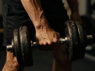 Close-up of a muscular man's hand gripping a heavy dumbbell, dramatic low-key lighting, deep shadows, warm golden highlights, cinematic 35mm film