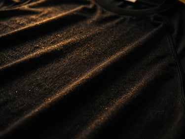 Close-up of a premium black performance t-shirt fabric, texture visible, low-key lighting, golden highlights.