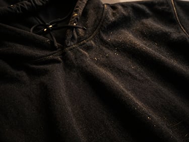 Close-up of a soft black hoodie fabric, textured, with subtle gold stitching detail, dramatic lighting.
