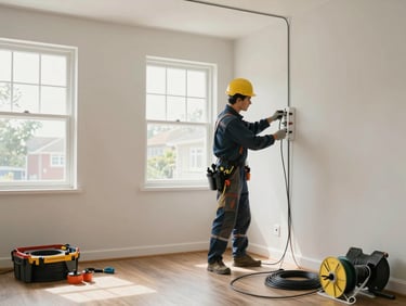 Wide environmental shot of an electrician running conduit wiring through a residential room, daylight through windows, tools and cable reels on the floor