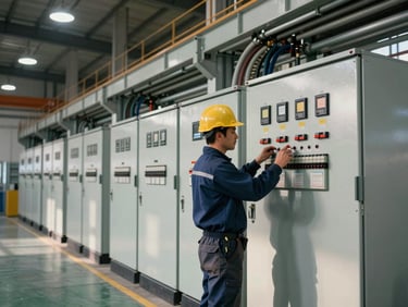 Wide job-site shot of an electrician working on an industrial control panel in a factory, high-bay lighting above, heavy cable trays visible along the wall