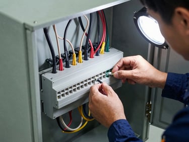 Overhead setup shot of a commercial electrical panel being wired, technician's hands connecting terminals, bright strobe lighting, clean workshop setting