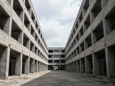 Symmetrical architectural perspective of a brutalist concrete data center facility under stark, high-contrast overcast daylight, dramatic shadows, clean lines.