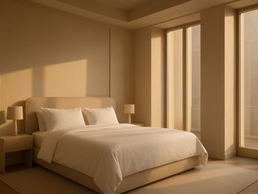 Minimalist luxury bedroom with crisp white linens, soft golden hour light streaming through tall windows, clean geometric architectural lines.