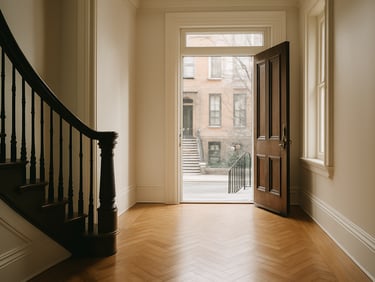 Elegant sunlit entryway of a Boston brownstone, clean lines, pristine herringbone wood floors, soft natural light reflecting off polished surfaces.