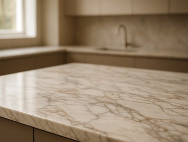 Macro detail shot of a polished marble countertop in a modern luxury kitchen, soft natural window light, muted elegant tones, architectural digest style, 35mm lens.