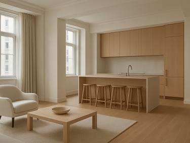 Architectural view of a newly completed luxury apartment interior, clean lines, pristine wood floors, soft window light, 35mm lens.