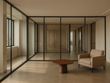 Minimalist modern office lobby with clean glass partitions, polished concrete floors, warm natural light, elegant design, 35mm lens.