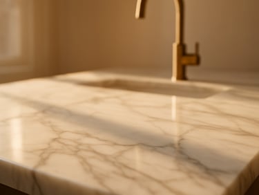 Macro detail shot of polished white Calacatta marble countertop reflecting warm morning sunlight, minimal brass fixture in background, shallow depth of field.